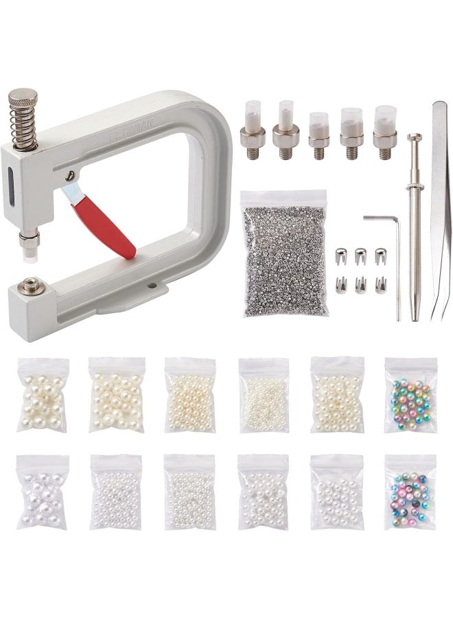 Pearl Setting Rivet Fixing Machine Tool Kit 590pcs 5 Size Acrylic Round Pearl Beads Tweezers DIY Manual Pearl Rivet Button Making Tools for Clothes Shoes Hats  - Image 1