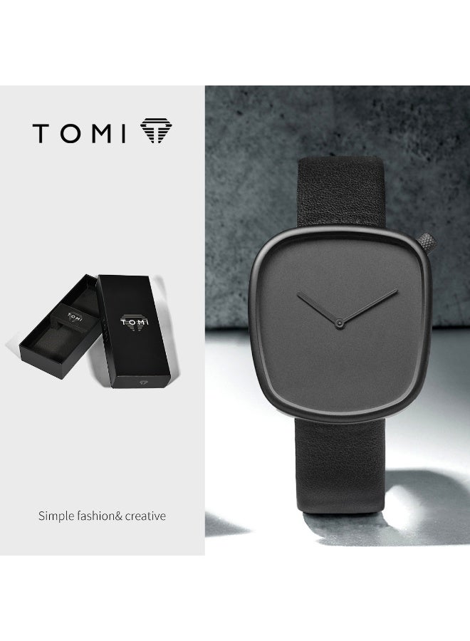 TOMI A Minimalist Square Watch With Pebble-like Design, Featuring No Scale, For Both Men And Women, With A PU Leather Strap - Image 1