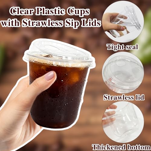 Haawooky 60 Pack Clear Plastic Cups with Strawless Sip Lids,12 oz Disposable PET Crystal Iced Coffee Cups with Lids,Round Bottom To Go Cup for Iced Coffee Juice Smoothie Cold Beverage Coffee Shops and Party - Image 3