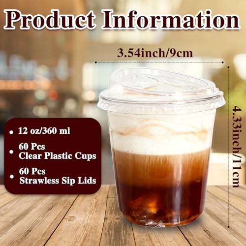 Haawooky 60 Pack Clear Plastic Cups with Strawless Sip Lids,12 oz Disposable PET Crystal Iced Coffee Cups with Lids,Round Bottom To Go Cup for Iced Coffee Juice Smoothie Cold Beverage Coffee Shops and Party - Image 2