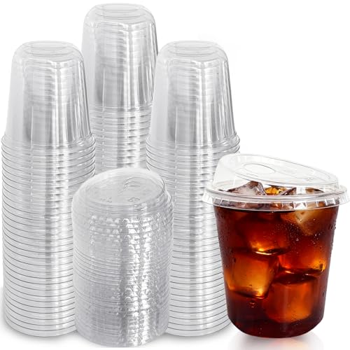 Haawooky 60 Pack Clear Plastic Cups with Strawless Sip Lids,12 oz Disposable PET Crystal Iced Coffee Cups with Lids,Round Bottom To Go Cup for Iced Coffee Juice Smoothie Cold Beverage Coffee Shops and Party - Image 1