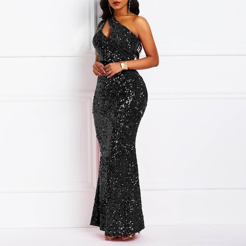 Cololura Women Sequin Elegant Sexy One Shoulder Tassel Oblique Collar Mermaid Bodycon Cocktail Evening Dress Black - Image 2