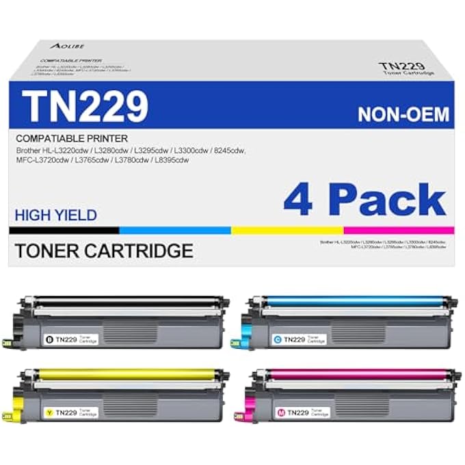 TN229XL TONER CARTRIDGES 4 PACK COMPATIBLE FOR BROTHER TN229 WITH MFC-L3720CDW MFC-L3780CDW MFC-L3765CDW MFC-L8395CDW HL-L3220CDW HL-L3280CDW HL-L3295CDW HL-L3300CDW HL-L8245CDW PRINTER - Image 1