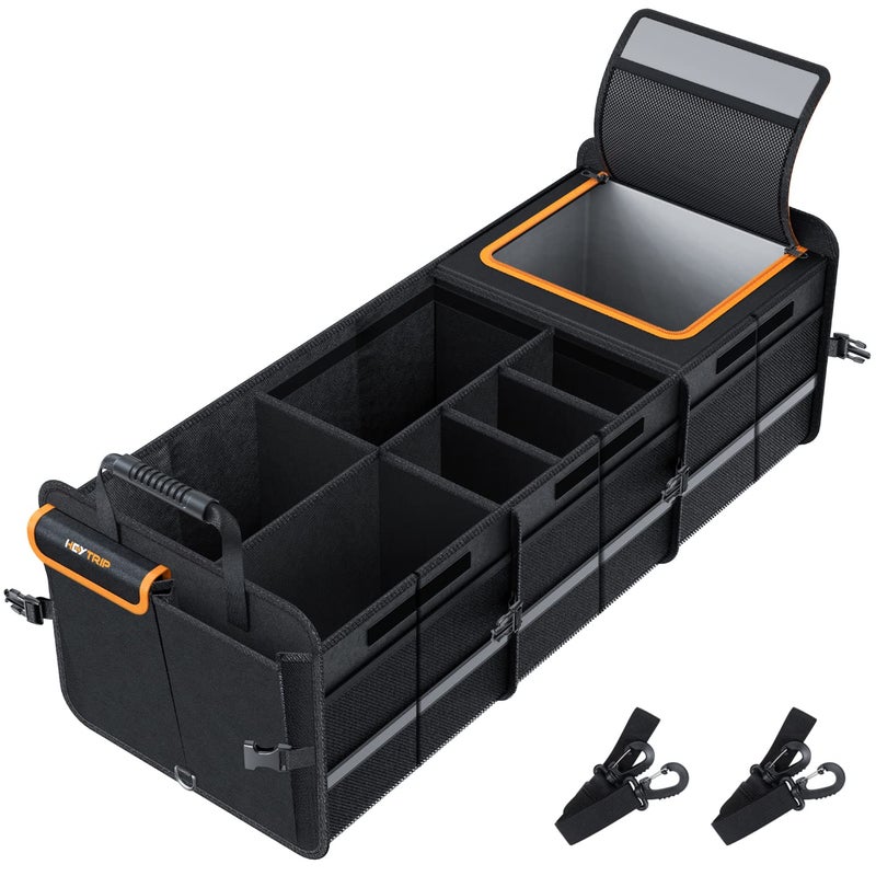 HEYTRIP Large Trunk Organizer With Builtin Leakproof Cooler Bag 2 TieDown Straps 4 Removable Dividers Foldable Cover Built with 2mm PE Board