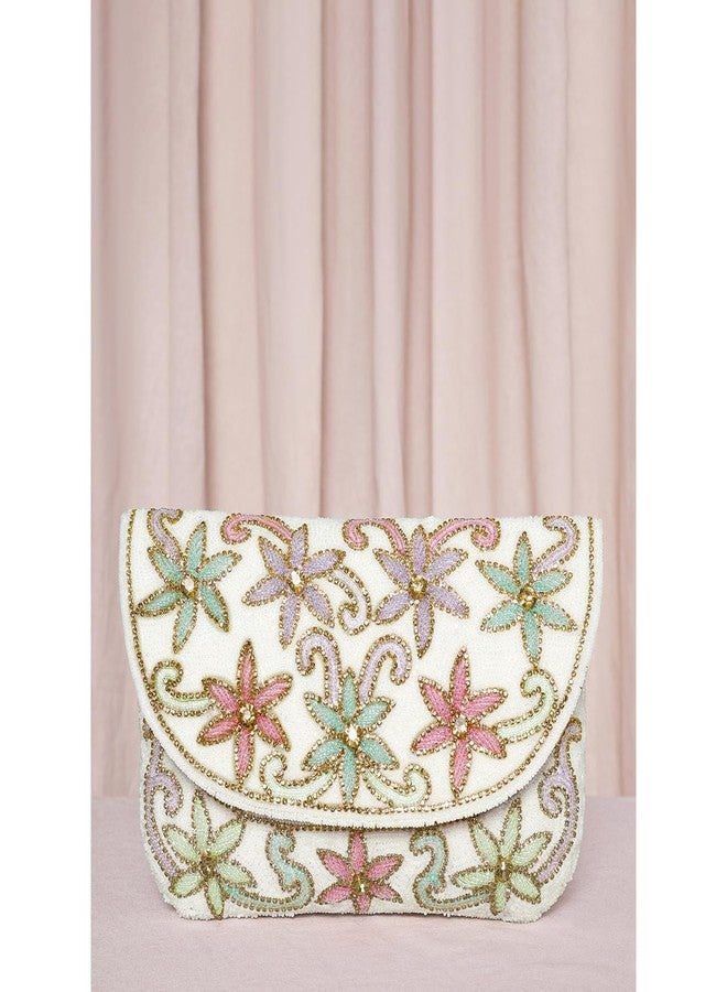 Peora White Floral Clutch Bag Ethnic Purse for Women & Girls - Image 2