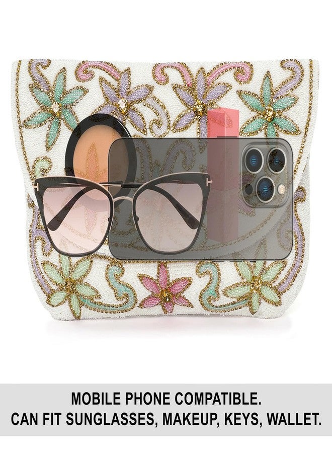 Peora White Floral Clutch Bag Ethnic Purse for Women & Girls - Image 4