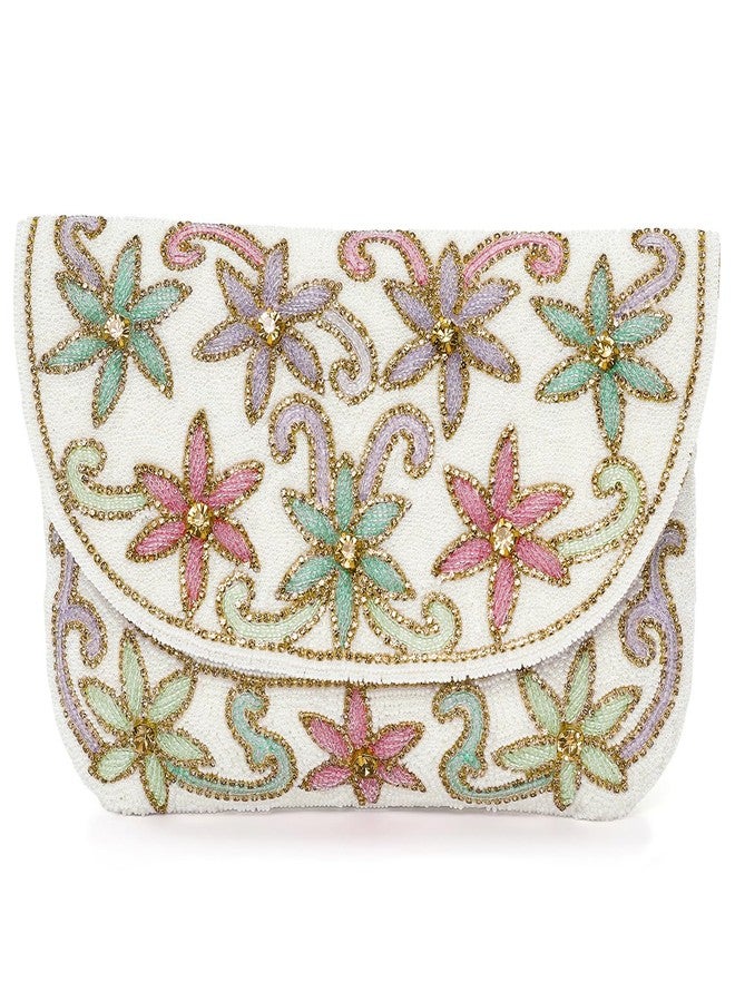 Peora White Floral Clutch Bag Ethnic Purse for Women & Girls - Image 1