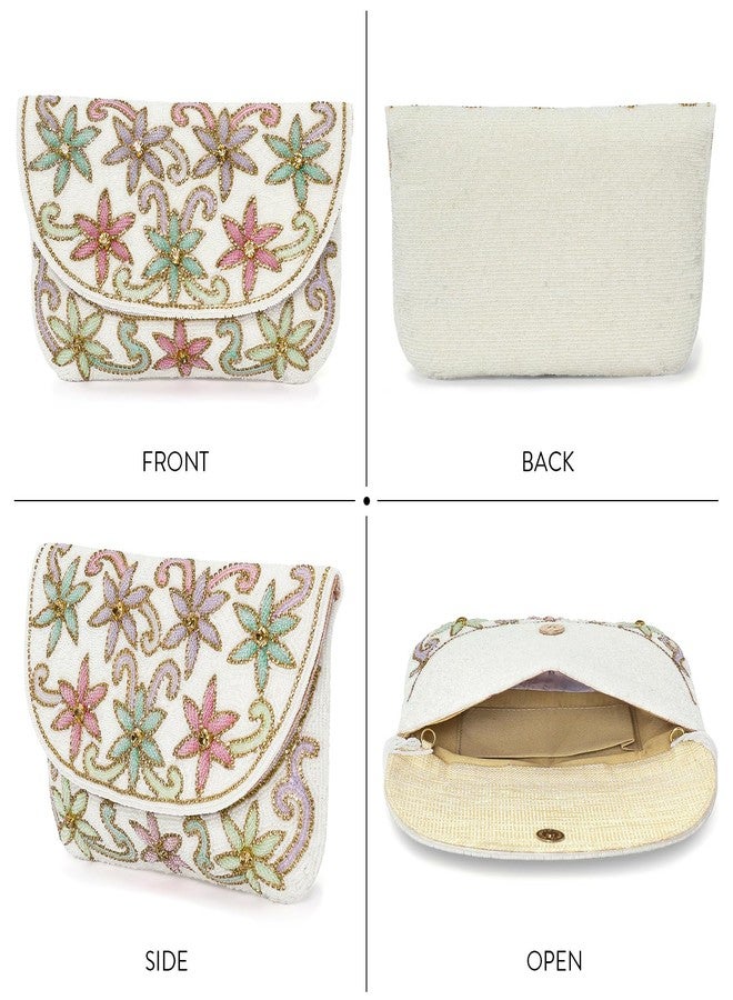 Peora White Floral Clutch Bag Ethnic Purse for Women & Girls - Image 5