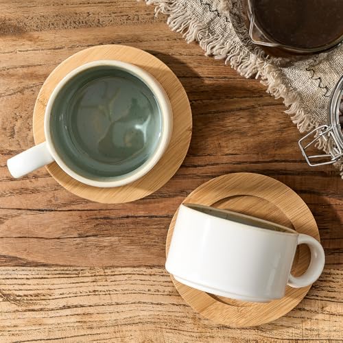 LUKA 6 Ounce Porcelain Stackable Espresso Cups with Saucers and Metal Stand Set of 4 Ceramic Cappuccino Cups Set for Specialty Coffee Drinks Latte Cafe Mocha and Tea White Green Interior - Image 3