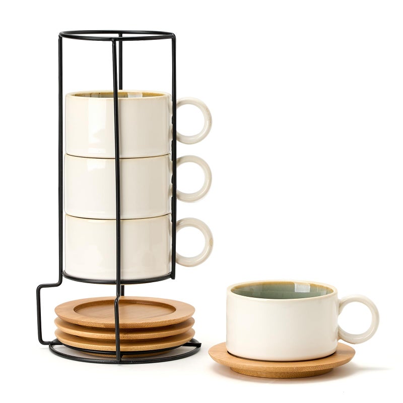 LUKA 6 Ounce Porcelain Stackable Espresso Cups with Saucers and Metal Stand Set of 4 Ceramic Cappuccino Cups Set for Specialty Coffee Drinks Latte Cafe Mocha and Tea White Green Interior - Image 2