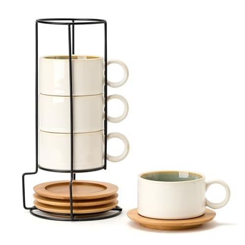 LUKA 6 Ounce Porcelain Stackable Espresso Cups with Saucers and Metal Stand Set of 4 Ceramic Cappuccino Cups Set for Specialty Coffee Drinks Latte Cafe Mocha and Tea White Green Interior - Image 1