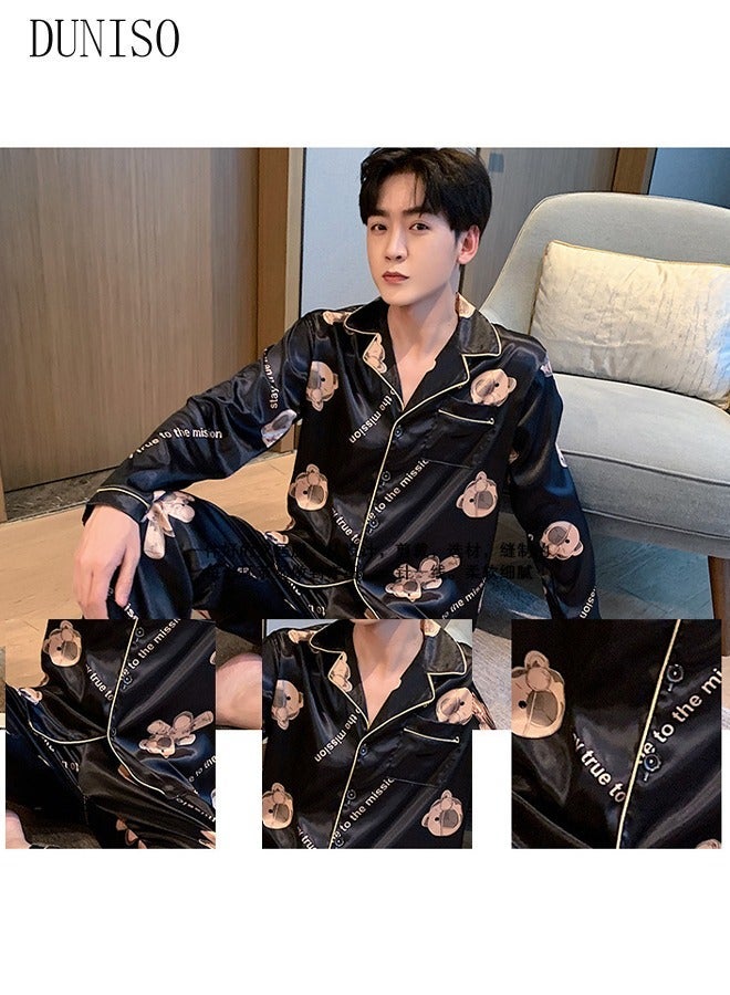 DUNISO 2 Picecs Mens Pajamas Sets Silk Satin Sleepwear Set Home Loungewear Long Sleeve Shirt with Button and Pants - Image 3