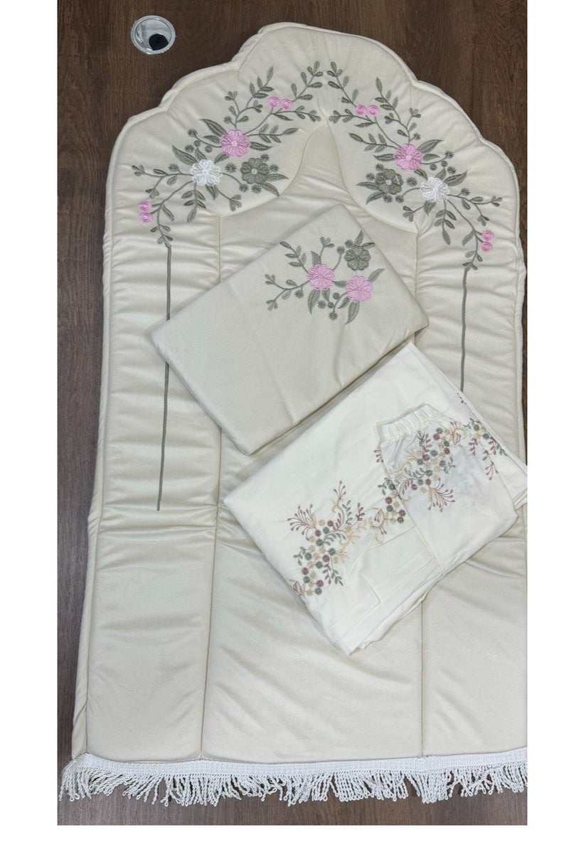 برايدس سجادة صلاة اسفنج مبطن مطرز مع شرشف صلاة مكسر 3قطع