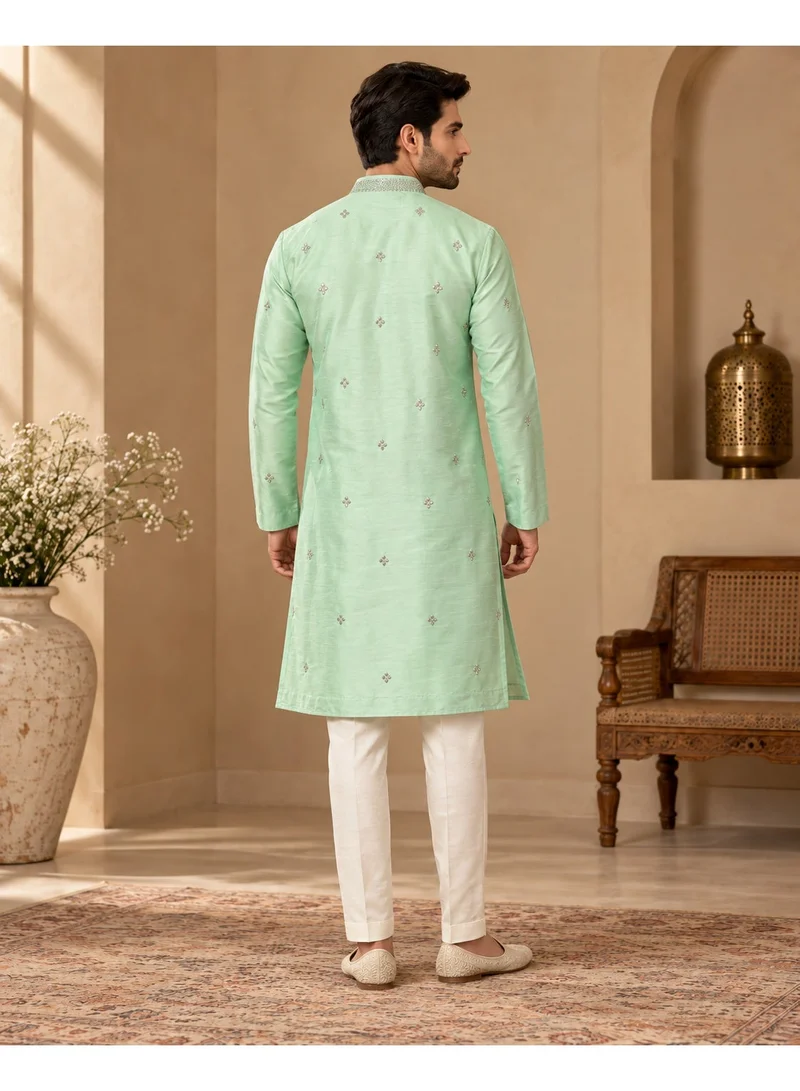 Lehar Mint Green Embroidered Silk Kurta with Ivory Straight Pants