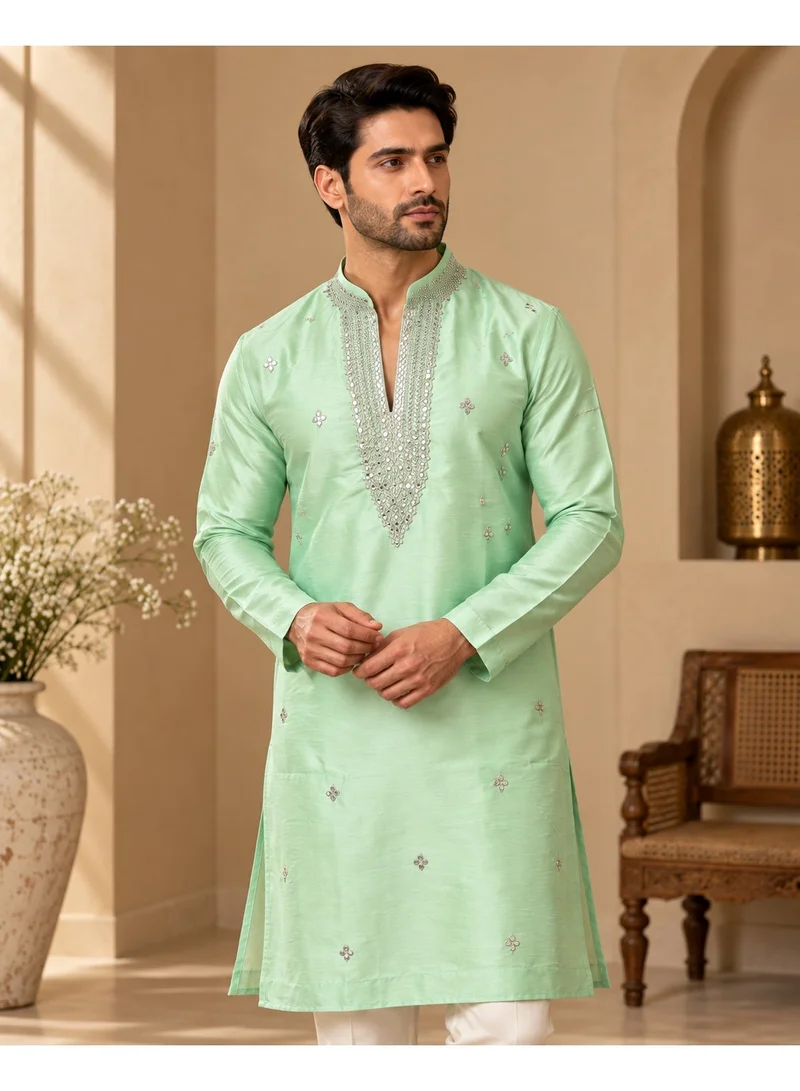 Lehar Mint Green Embroidered Silk Kurta with Ivory Straight Pants