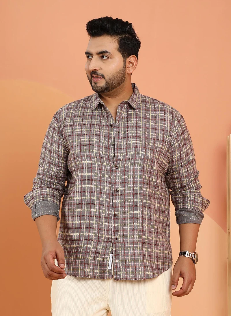 Instafab Plus Instafab Plus Men's Coin Grey Tartan-Weave Regular Shirt For Casual Wear | Spread Collar | Long Cuffed Sleeves | Button Closure | Plus Size Shirt Crafted With Comfort Fit For Everyday Wear