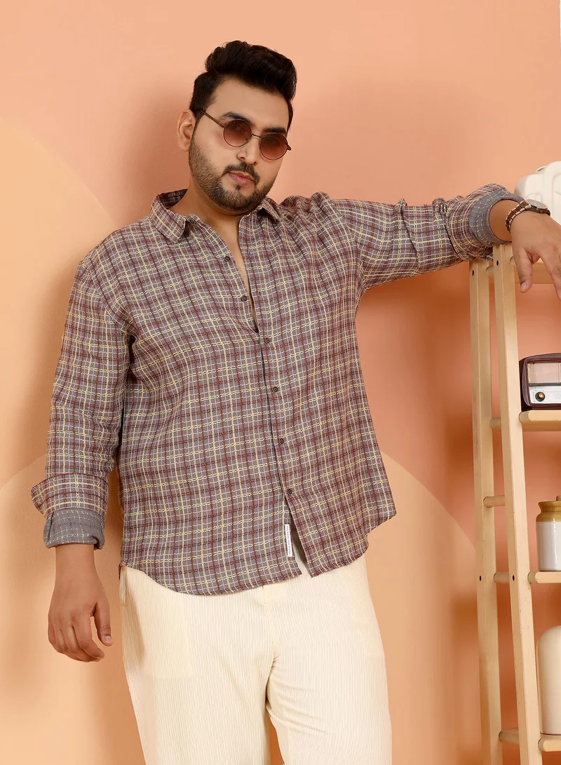 Instafab Plus Instafab Plus Men's Coin Grey Tartan-Weave Regular Shirt For Casual Wear | Spread Collar | Long Cuffed Sleeves | Button Closure | Plus Size Shirt Crafted With Comfort Fit For Everyday Wear