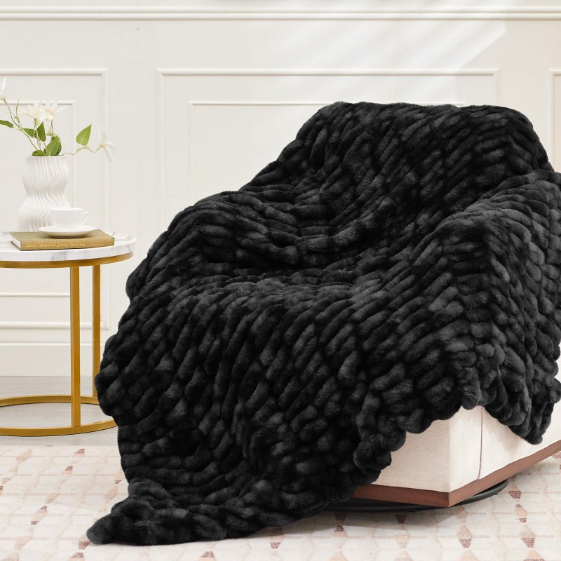 VFROO Ultra Soft Luxury Faux Fur Throw Blanket for Counch Fuzzy Fluffy Plush Warm Cozy Elegant Wrinkled Blanket for Sofa Bedroom Living Room (50""x60"" Tie-dye Black) - Image 1
