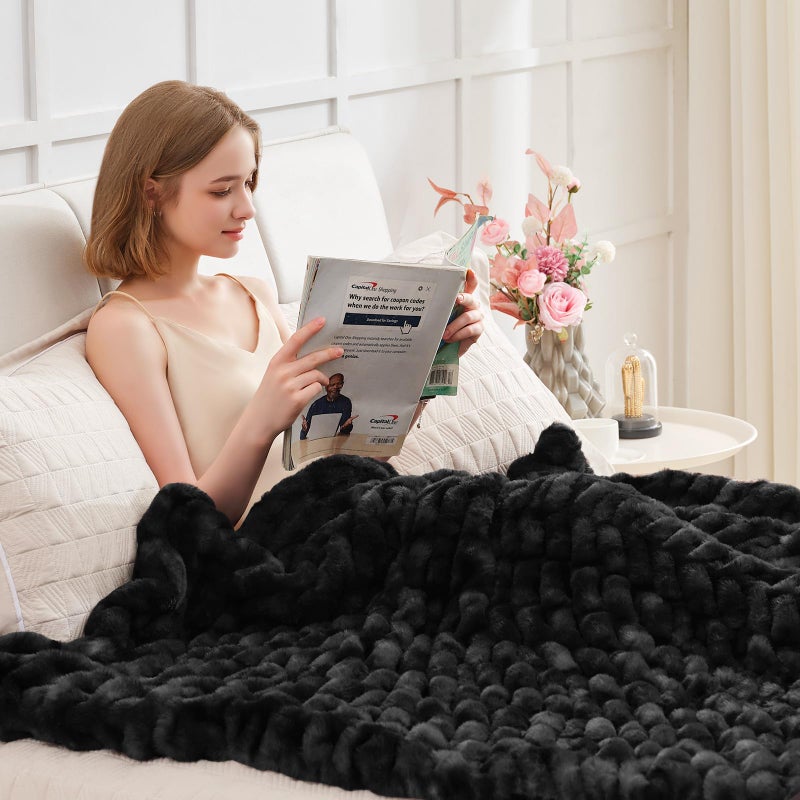 VFROO Ultra Soft Luxury Faux Fur Throw Blanket for Counch Fuzzy Fluffy Plush Warm Cozy Elegant Wrinkled Blanket for Sofa Bedroom Living Room (50""x60"" Tie-dye Black) - Image 2
