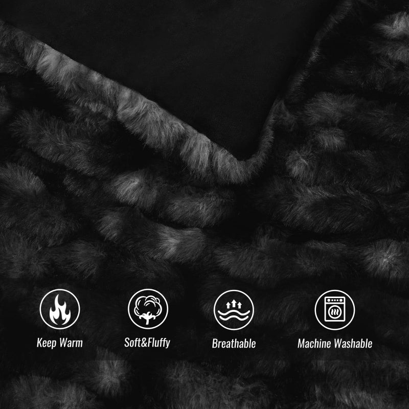 VFROO Ultra Soft Luxury Faux Fur Throw Blanket for Counch Fuzzy Fluffy Plush Warm Cozy Elegant Wrinkled Blanket for Sofa Bedroom Living Room (50""x60"" Tie-dye Black) - Image 4
