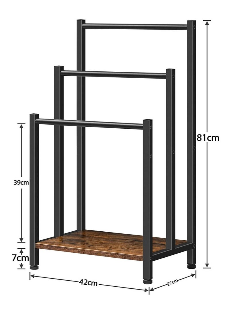 أبوستيم رف مناشف قائم بذاته مقاس 42×27×81 سم، رف بطانيات بثلاث طبقات، رف بطانيات للحمام، رف تجفيف وعرض معدني صناعي مع أرفف، لون بني وأسود ريفي - Image 2