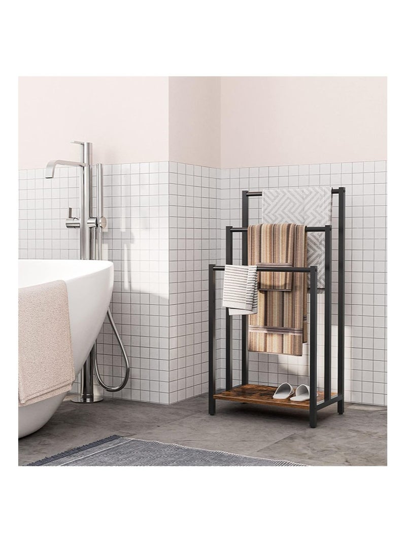 أبوستيم رف مناشف قائم بذاته مقاس 42×27×81 سم، رف بطانيات بثلاث طبقات، رف بطانيات للحمام، رف تجفيف وعرض معدني صناعي مع أرفف، لون بني وأسود ريفي - Image 5
