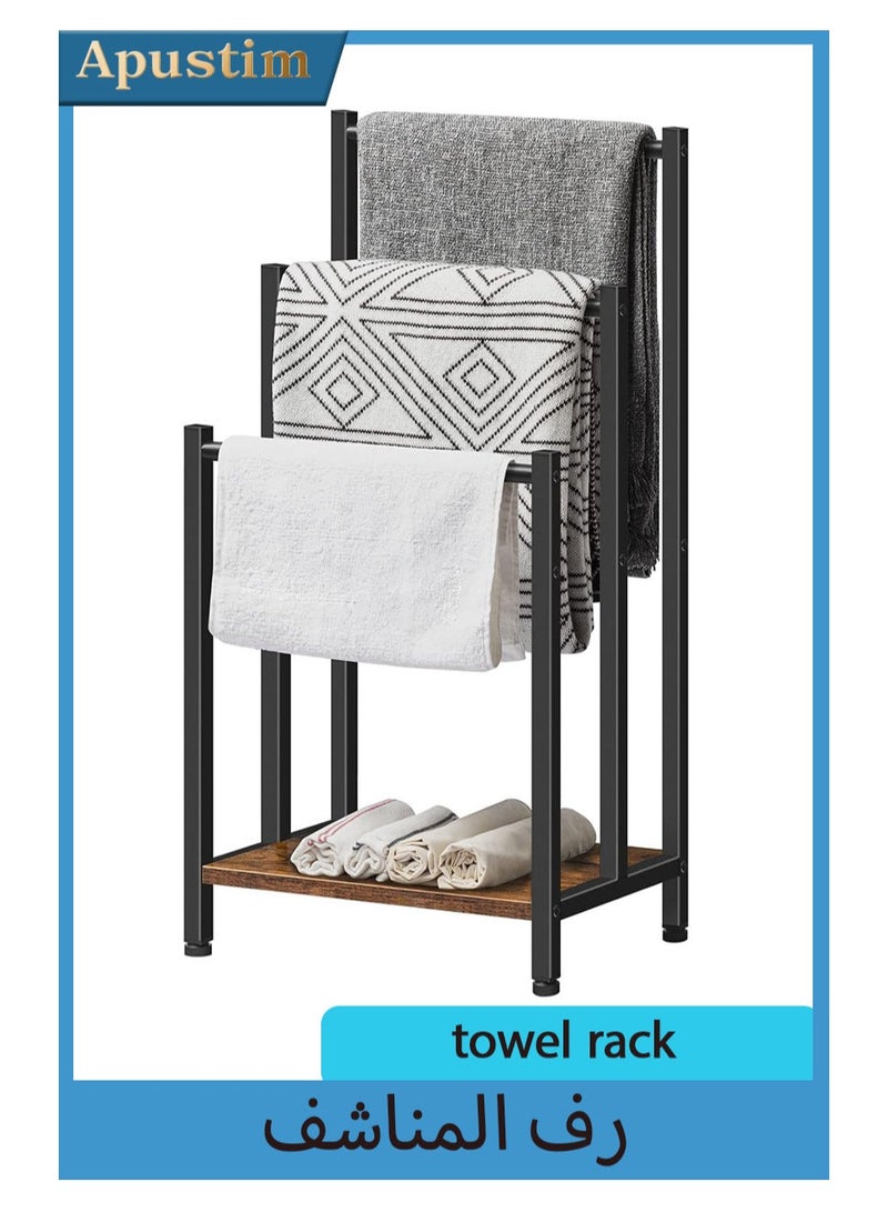 أبوستيم رف مناشف قائم بذاته مقاس 42×27×81 سم، رف بطانيات بثلاث طبقات، رف بطانيات للحمام، رف تجفيف وعرض معدني صناعي مع أرفف، لون بني وأسود ريفي - Image 1