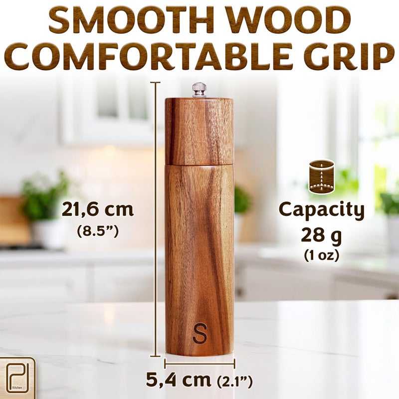 PJCKitchen Salt and Pepper Acacia Wood Grinder Set with Wooden Holder Tray - 60 g / 2 oz each - Tall Modern Mill Shakers - Manual Refillable Mills for Peppercorn, Fancy Himalayan Salt + Spices - by PJC-Kitchen - Image 4
