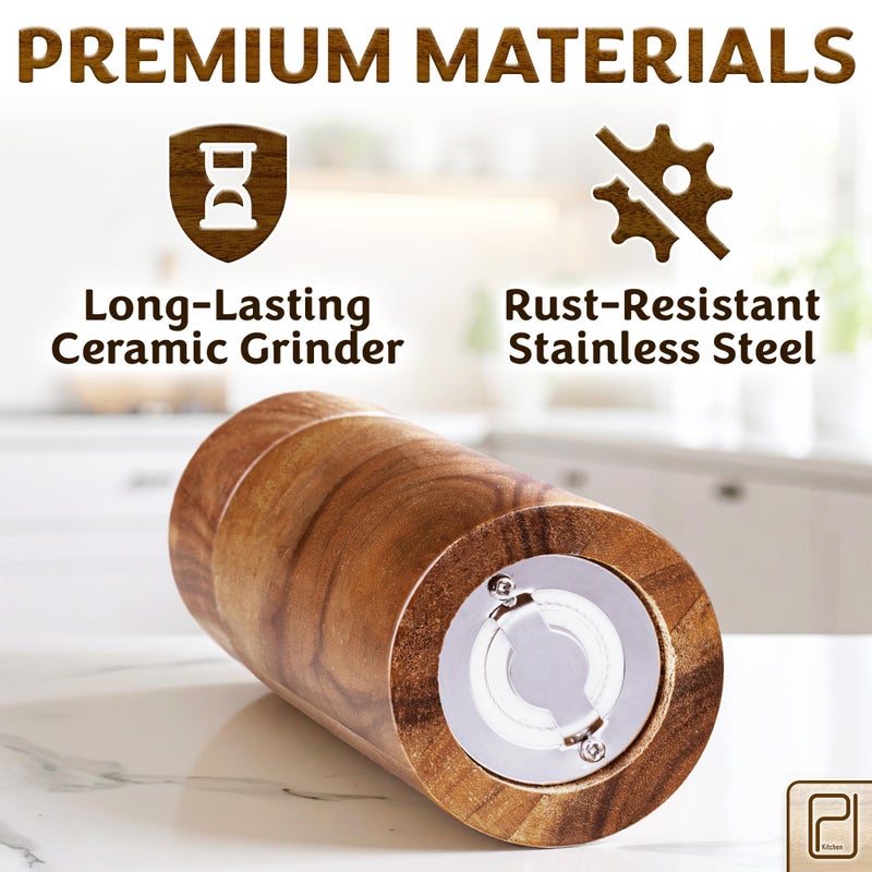 PJCKitchen Salt and Pepper Acacia Wood Grinder Set with Wooden Holder Tray - 60 g / 2 oz each - Tall Modern Mill Shakers - Manual Refillable Mills for Peppercorn, Fancy Himalayan Salt + Spices - by PJC-Kitchen - Image 5