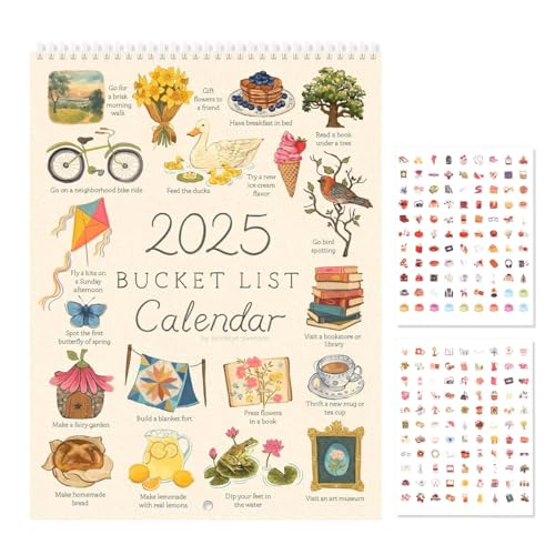 OFIFO® 2025 Bucket List Calendar, Creative 2025 Wish List Calendar Planner with Colorful Scrapbooking Stickers, Coil Binding Wall Hanging Calendar 2025 to-Do List Monthly Calendar - Image 1
