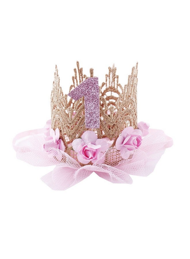 June Bloomy Baby Golden Lace Rose Flower Crown 1st Birthday Headband Princess Tiara (Pink)