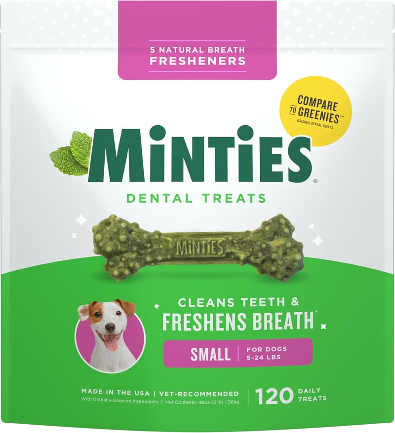 Minties Dental Chews for Dogs, 120 Count, Vet-Recommended Mint-Flavored Dental Treats for Tiny/Small Dogs 5-24 lbs, Dental Bones Clean Teeth, Fight Bad Breath, and Removes Plaque and Tartar - Image 1