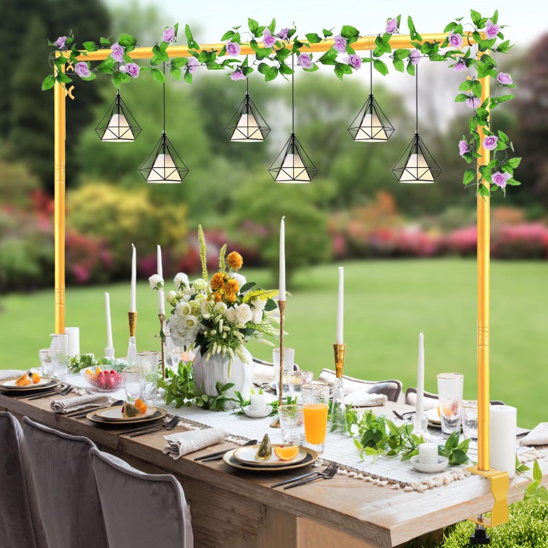 WellSign Over The Table Rod Stand with Clamps 31"-110" Length 31"-64" Height Adjustable Metal Table Hanging Decor Rod with Storage Bag for Gender Reveal Ceremony Party, Gold Table Balloon Arch Stand - Image 1