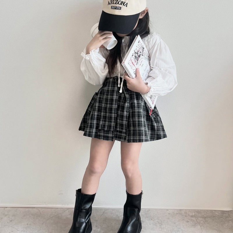 Ankrt Apron Spring, Summer And Autumn Style Girls' Fashionable Plaid Dress Shorts Skirt Kidsren'S Plaid High-Waisted Mini Skirt Pants - Image 3