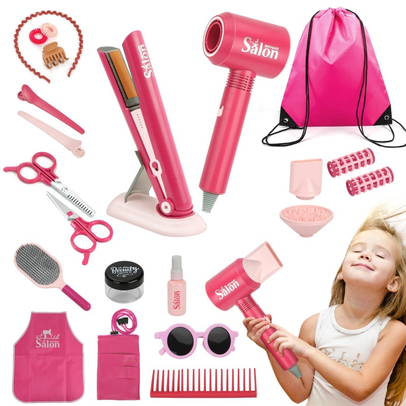 MROUEN 23 Pcs Hair Salon Girls Toys Kids Pretend Play Toys Toddler Dress Up Beauty Salon Set Stylist Kit with Hairdryer Flat Apron Scissors Curling Accessories Girl Gifts with Storage Bag - Image 3