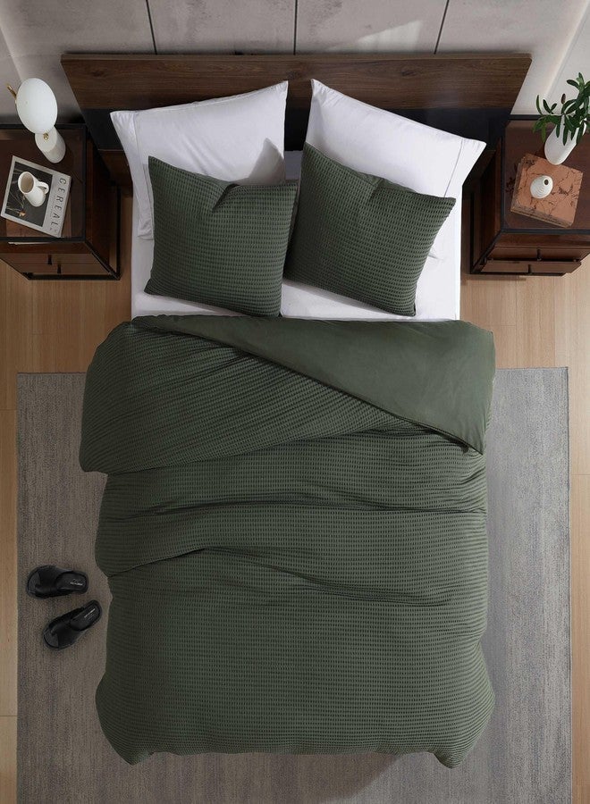 Kenneth Cole - Duvet Cover Queen Size, Reversible & Ultra-Soft Waffle Textured Bedding - 3 Piece Bed Sets with Matching Pillowcases (Solid Green) - Image 2