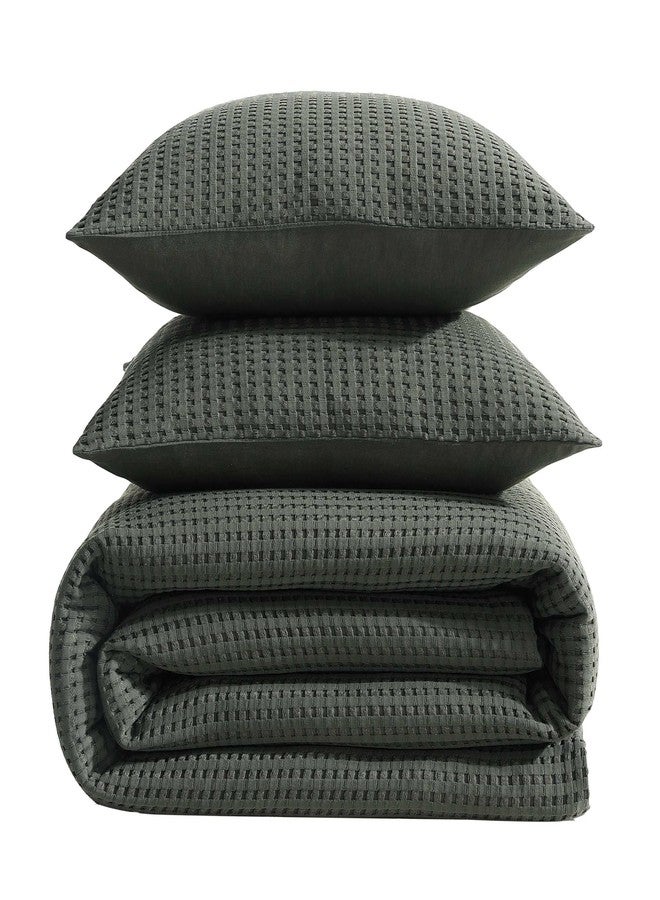 Kenneth Cole - Duvet Cover Queen Size, Reversible & Ultra-Soft Waffle Textured Bedding - 3 Piece Bed Sets with Matching Pillowcases (Solid Green) - Image 4