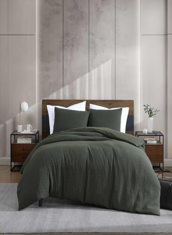 Kenneth Cole - Duvet Cover Queen Size, Reversible & Ultra-Soft Waffle Textured Bedding - 3 Piece Bed Sets with Matching Pillowcases (Solid Green) - Image 1