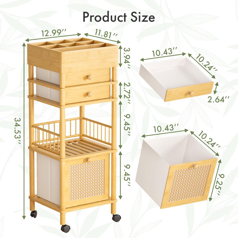 Amazer Bamboo Makeup Organizer Cart with 3 Drawers, Floor Skin Care Storage for Bathroom Bedroom, Rolling Vanity Organizer Cart for Cosmetic, Nail Polish, Perfume and Hair Tools - Image 2