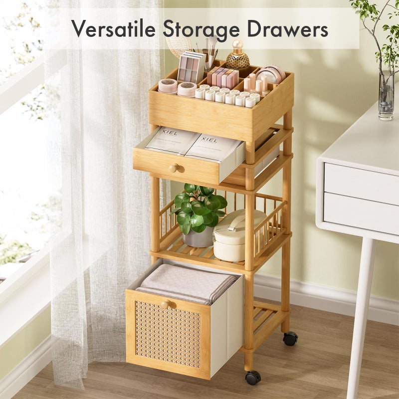 Amazer Bamboo Makeup Organizer Cart with 3 Drawers, Floor Skin Care Storage for Bathroom Bedroom, Rolling Vanity Organizer Cart for Cosmetic, Nail Polish, Perfume and Hair Tools - Image 4
