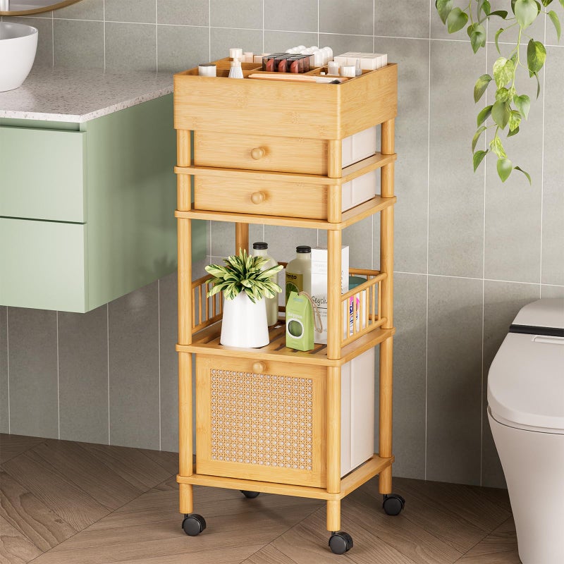 Amazer Bamboo Makeup Organizer Cart with 3 Drawers, Floor Skin Care Storage for Bathroom Bedroom, Rolling Vanity Organizer Cart for Cosmetic, Nail Polish, Perfume and Hair Tools - Image 1