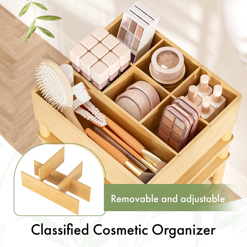 Amazer Bamboo Makeup Organizer Cart with 3 Drawers, Floor Skin Care Storage for Bathroom Bedroom, Rolling Vanity Organizer Cart for Cosmetic, Nail Polish, Perfume and Hair Tools - Image 3