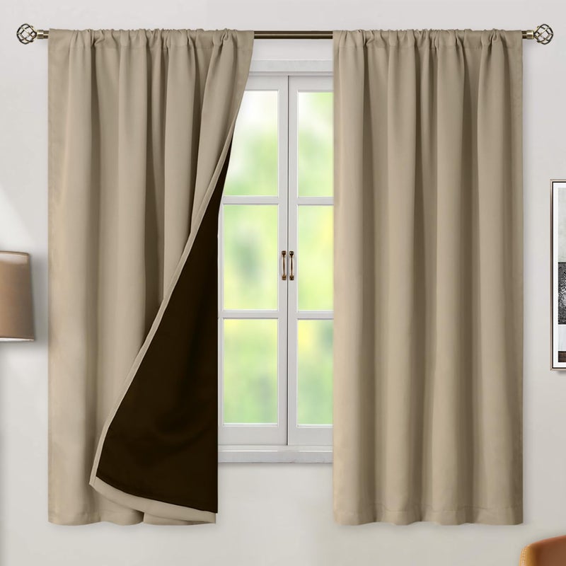 BGment 100% Blackout Curtains for Bedroom 63 Inch Length 2 Panels, Thermal Insulated Room Darkening Curtains Rod Pocket Soundproof Bedroom Living Room Window Curtains, Sand, Each 52 Inch Wide - Image 1