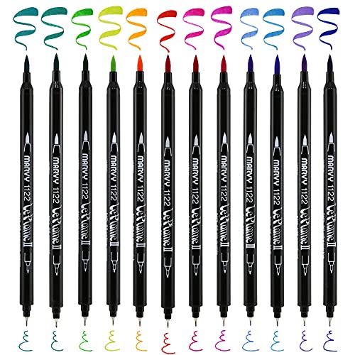 Marvy Uchida Uchida 1122-12E Le Plume II Double-Ended Markers with Brush and Fine Tips, Bright, Set of 12 - Image 2