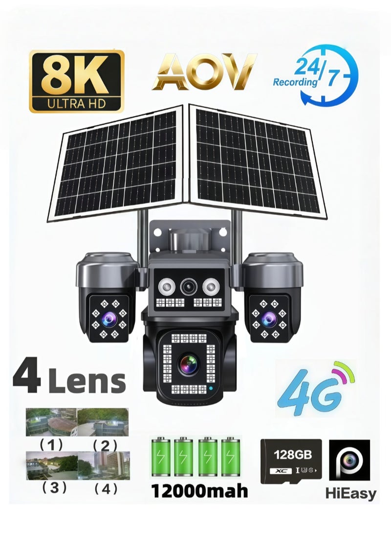 8K 20MP AOV 4G solar-powered PTZ security camera featuring 24/7 quad-screen recording, a built-in 12,000mAh battery, and wide-angle outdoor wireless surveillance capabilities (With 128GB SD Card) - Image 1