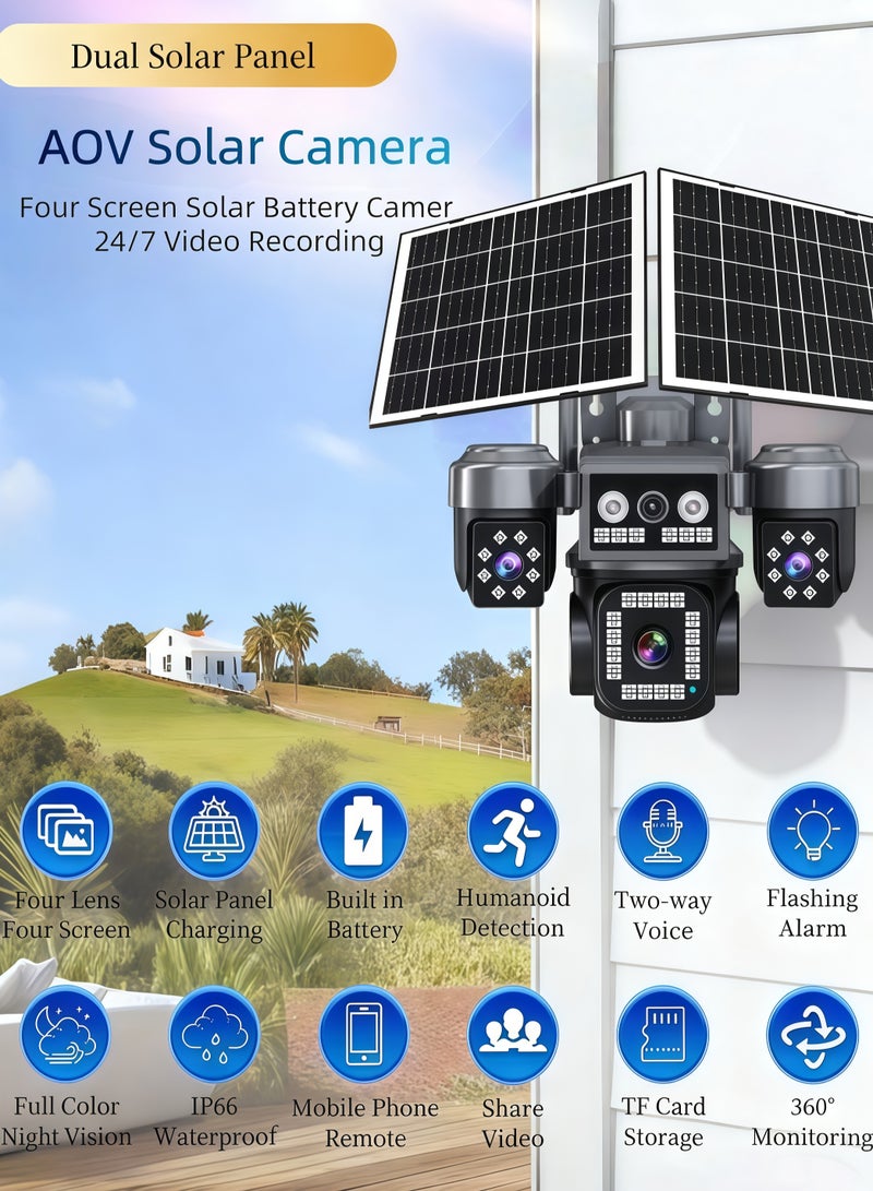 8K 20MP AOV 4G solar-powered PTZ security camera featuring 24/7 quad-screen recording, a built-in 12,000mAh battery, and wide-angle outdoor wireless surveillance capabilities (With 128GB SD Card) - Image 2