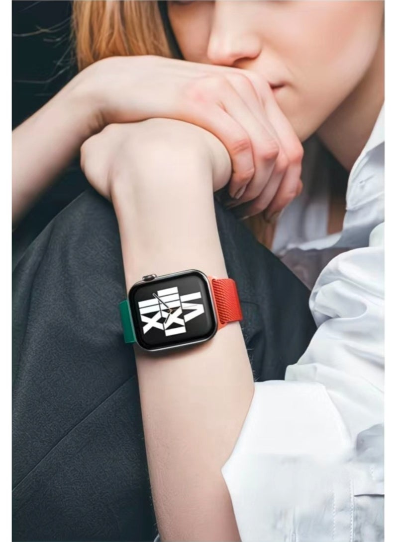 Premium 46mm Milanese Magnetic Loop Apple Watch Band | Stainless Steel Metal Mesh Strap | Turquoise & Coral - Image 2