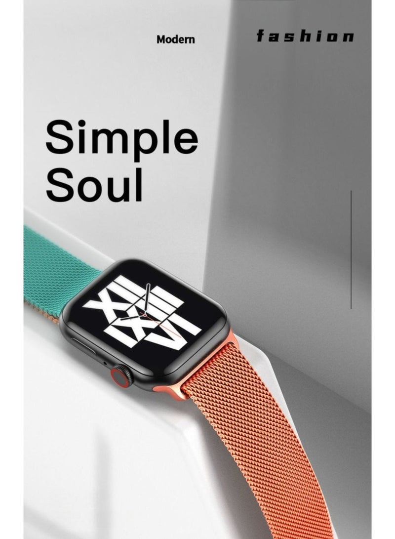 Premium 46mm Milanese Magnetic Loop Apple Watch Band | Stainless Steel Metal Mesh Strap | Turquoise & Coral - Image 3