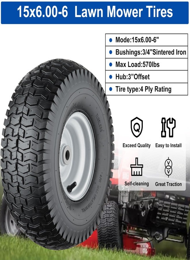 Cubesprings 15x6.00-6 Lawn Mower Tires, 4 Ply Tubeless Lawn Mower Tires 15x6x6, Front Lawn Tractor Tires, 3” Offset Hub Long with 3/4” Bushings Garden Tire for Riding Lawn Mower (Pack of 1) - Image 2