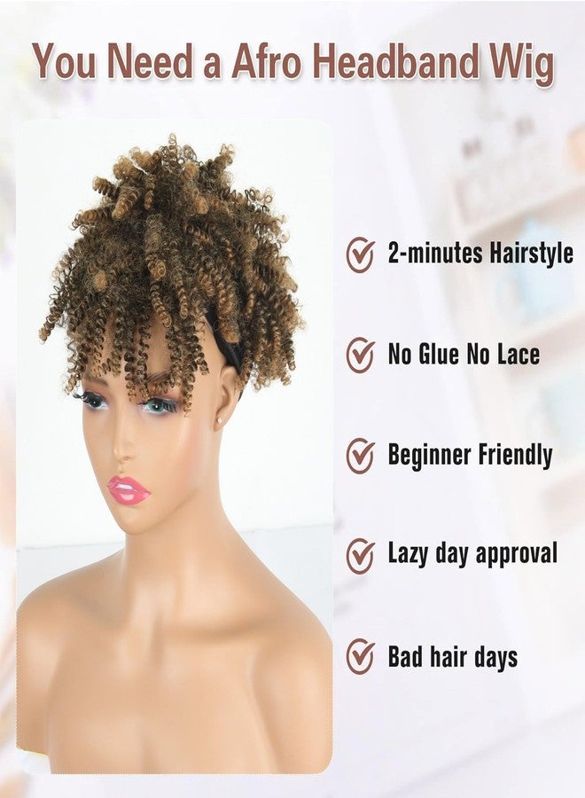 Aisaide Ombre Brown Afro Kinky Curly Wig with Bangs - Natural Synthetic Curly Wig with Headband Attached - Image 2